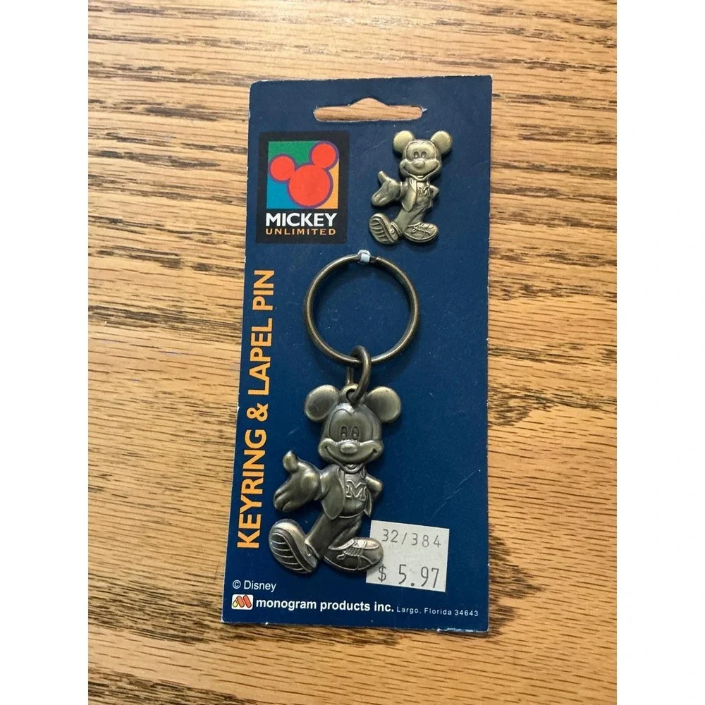 Vintage Mickey Unlimited Keyring and Lapel Pin Set Monogram Product Disney Brass